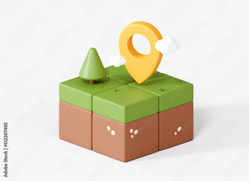 Poster 3d map location with point marker. isometric landscape with tree and cloud. yellow navigation pin. t