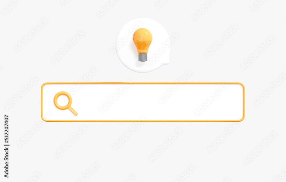 Poster 3d search bar with light bulb on think. search for creative idea. find solution or business strategy
