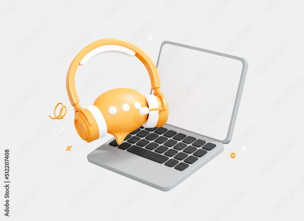 Poster 3d laptop with headphones. hotline support concept. chatbot for help service. online user consultati