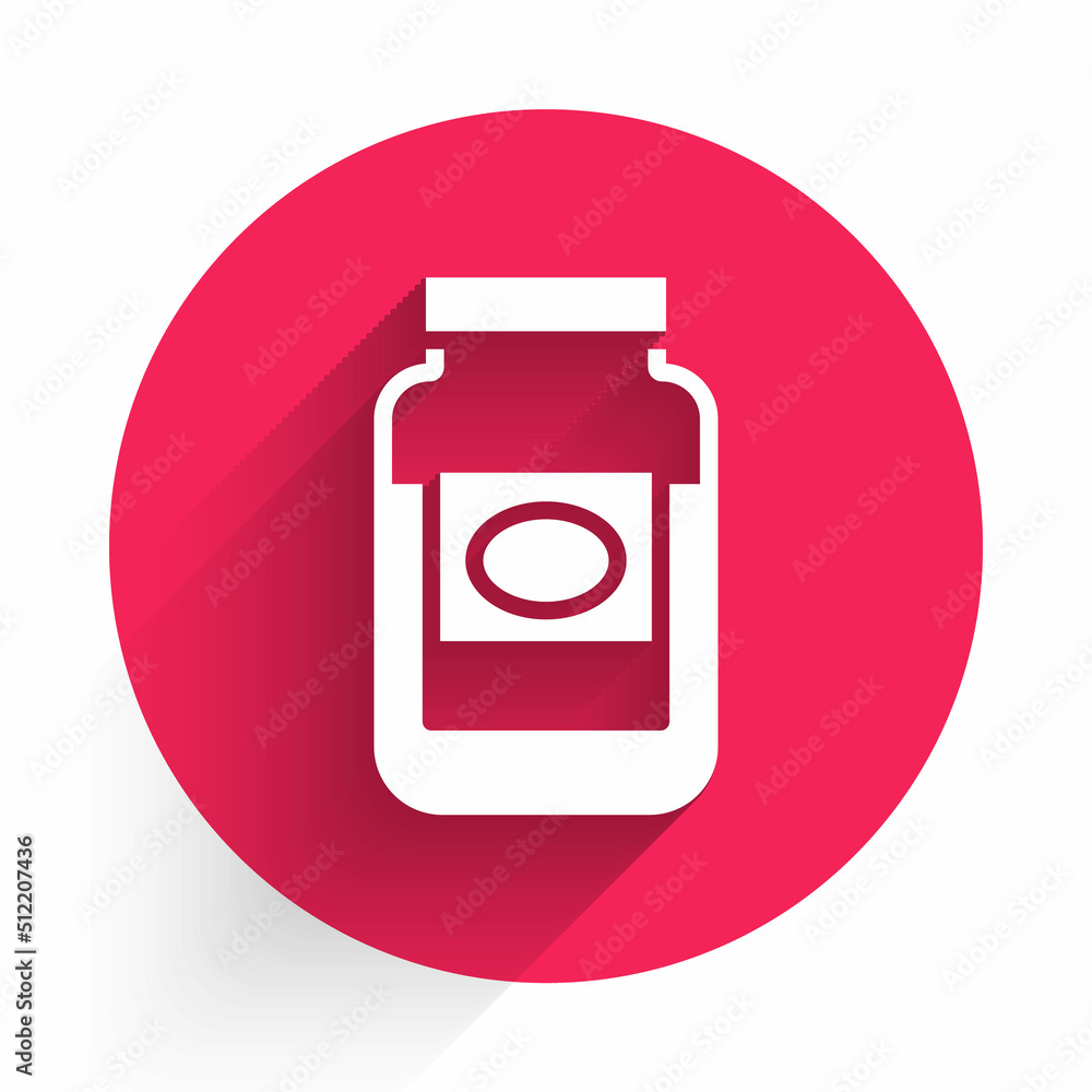 Poster White Jam jar icon isolated with long shadow background. Red circle button. Vector
