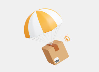 3D Cardboard box with parachute. Fast delivery concept. Parcel airdrop. Order from online store. Cargo shipment service. Cartoon creative design icon isolated on white background. 3D Rendering