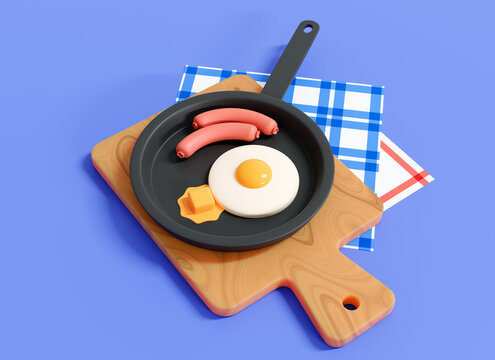 3D Frying pan with fried egg and sausages. English morning breakfast concept. Serving dishes on the table. Low Poly design. Cartoon creative illustration isolated on blue background. 3D Rendering