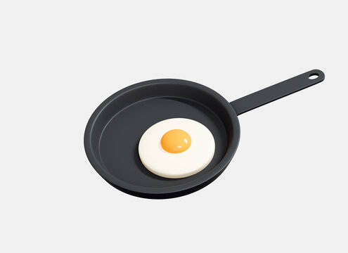 3D Fried egg on frying pan. Quick cooked breakfast. Omelet on skillet. Home food emoji. Minimal object for cafe menu. Cartoon creative design concept icon isolated on white background. 3D Rendering