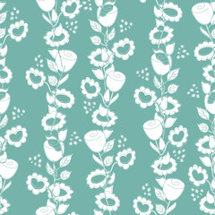 Seamless pattern of silhouettes of white flowers on a blue background. Floral female background. Vector illustration