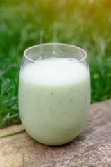 vegetarian green drink in a glass  in the grass