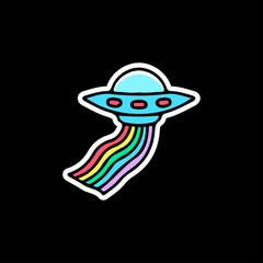 Spaceship UFO with rainbow, illustration for t-shirt, street wear, sticker, or apparel merchandise. With doodle, retro, and cartoon style.