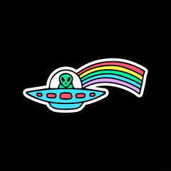 Trendy alien in spaceship with rainbow, illustration for t-shirt, street wear, sticker, or apparel merchandise. With doodle, retro, and cartoon style.