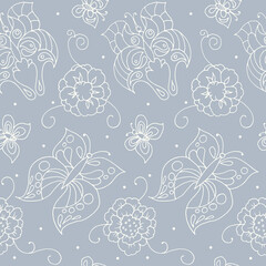 seamless pattern of stylized butterflies and flowers, hand-drawn