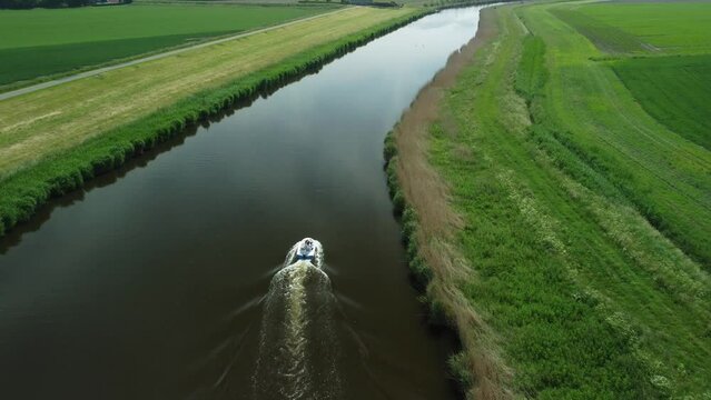 Aerial view of a speedboat in the river Steenbergsche Vliet Brant the Netherlands