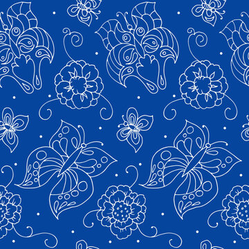 seamless pattern of stylized butterflies and flowers, hand-drawn