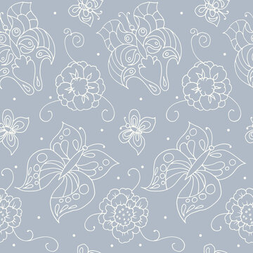 seamless pattern of stylized butterflies and flowers, hand-drawn