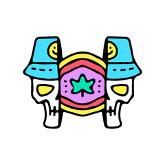 Two half of trippy skull head wearing bucket hat with marijuana inside, illustration for t-shirt, street wear, sticker, or apparel merchandise. With doodle, retro, and cartoon style.