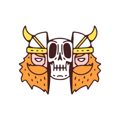 Two half of Viking head with skull head inside, illustration for t-shirt, street wear, sticker, or apparel merchandise. With doodle, retro, and cartoon style.