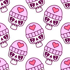 Hype skull with love beanie hat on white background seamless pattern. Modern vintage, pop art style seamless pattern concept.