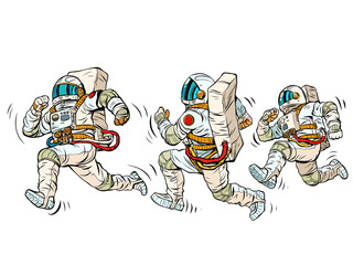 astronauts are running, a space race. Sports and a healthy lifestyle. People in spacesuits