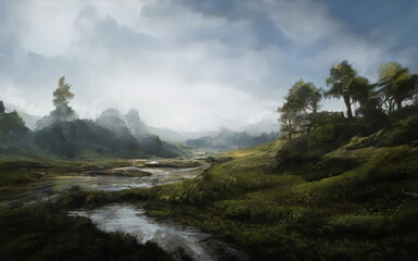 Fantastic Epic Magical Landscape of Mountains. Summer nature. Mystic Valley, tundra. Gaming assets. Celtic Medieval RPG background. Rocks and grass. Beautiful sky with clouds. Lakes and rivers