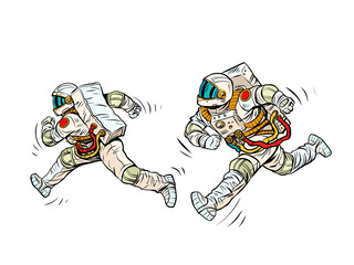 astronauts are running, a space race. Sports and a healthy lifestyle. People in spacesuits