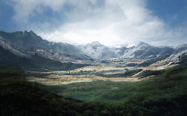 Fantastic Epic Magical Landscape of Mountains. Summer nature. Mystic Valley, tundra. Gaming assets. Celtic Medieval RPG background. Rocks and grass. Beautiful sky with clouds. Lakes and rivers