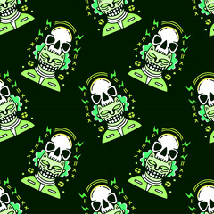 Cool crazy clown with skull hat flag on black background seamless pattern. Modern vintage, pop art style seamless pattern concept.