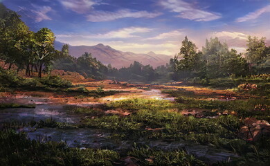 Fantastic Epic Magical Landscape of Mountains. Summer nature. Mystic Valley, tundra. Gaming assets. Celtic Medieval RPG background. Rocks and grass. Beautiful sky with clouds. Lakes and rivers