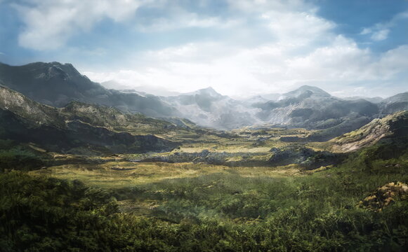 Fantastic Epic Magical Landscape of Mountains. Summer nature. Mystic Valley, tundra. Gaming assets. Celtic Medieval RPG background. Rocks and grass. Beautiful sky with clouds. Lakes and rivers	