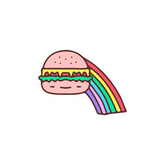 Burger and rainbow, illustration for t-shirt, street wear, sticker, or apparel merchandise. With doodle, retro, and cartoon style.