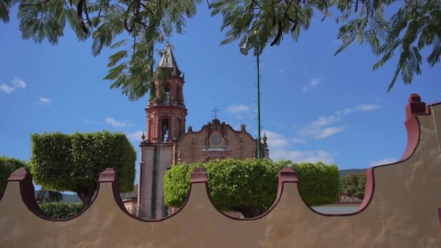 Smooth Gimbal Shot of ancient church in Jalpan de Serra, Queretaro. Mexico. Franciscan Mission of Jalpan