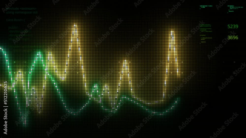 Poster graph lines in monitor image. motion. business diagram with neon lines. pixel image of moving glowin