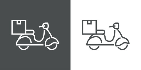 Icono silueta de scooter vintage con caja. Logotipo de entrega a domicilio. Vector con líneas en fondo gris y fondo blanco