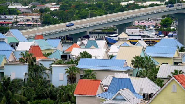 Paradise Island Bridge in Nassau Bahamas with Brightly Colored Condos