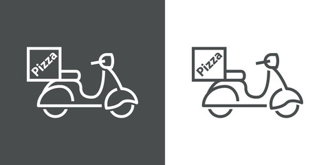 Icono silueta de scooter vintage con texto Pizza. Logotipo de comida a domicilio. Vector con líneas en fondo gris y fondo blanco