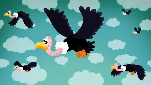 Vultures flying cartoon animation loop. Big birds flying on sky with clouds. Good for any use, fairy tales, etc... Seamless loop.