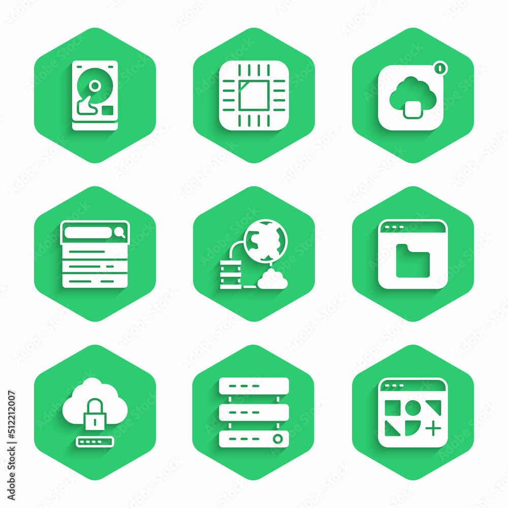 Poster set network cloud connection, server, data, web hosting, different files, browser, cloud computing l