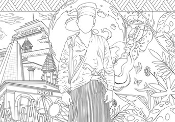 Fototapeta na wymiar Black and white sketch of the Local Culture of West Java, Indonesia. Local Arts, Traditional Clothing, Historic Buildings, Motifs, and other interesting decorations. Vector Illustration