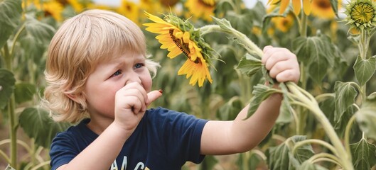 Cute little boy walking in field of blooming sunflowers. Child playing with big flower and having fun. Kid exploring nature. Summer activity for children, banner of local travel, summertime vacation.