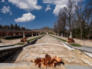 Palace la Granja de San Ildefonso from gardens, Segovia, Spain.