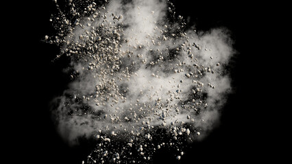 flying debris with dust on black background
