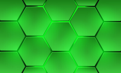 Green 3d hexagonal technology vector abstract background. Green bright energy flashes under hexagon on modern technology futuristic background vector illustration. Green honeycomb texture grid.