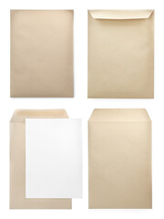 Set with blank kraft paper envelopes on white background
