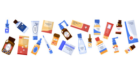 Long border with different medicines,pharmacy drugs.Vector illustration