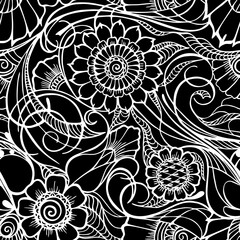 seamless floral pattern, oriental motifs, contour white floral pattern on a black background, texture, background