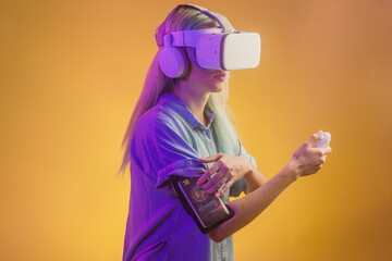 virtual reality technology headset glasses. Latin futuristic cyberpunk female in cyber meta verse