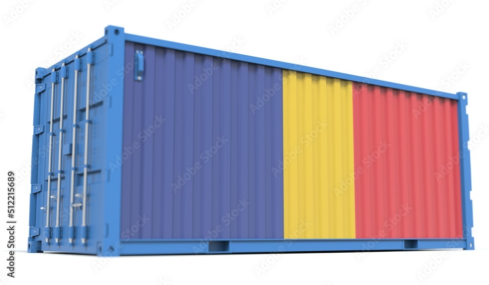 Poster shipping container with flag of romania on the side, 3d rendering