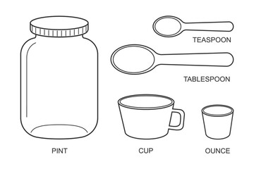 Pint, cup, ounce, tablespoon, teaspoon icons. Basic kitchen metric units of cooking measurements. Most commonly used volume measures, weight of liquids. Vector outline illustration. - obrazy, fototapety, plakaty