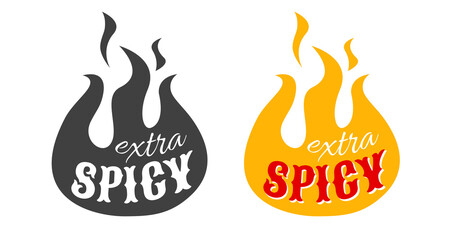 Vector illustration of flame for spicy food. Set icons of fire on isolated bacground. Extra spicy food.