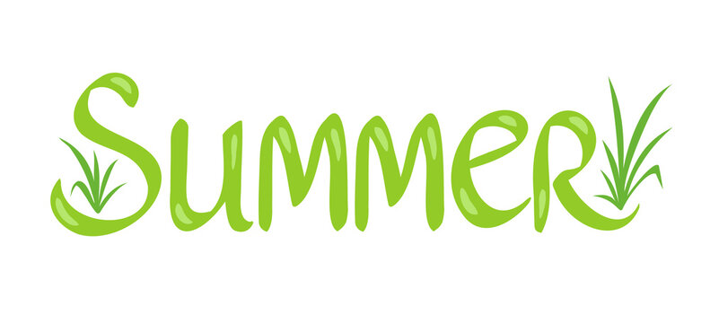 Vector lettering of summer with grass on isolated background.