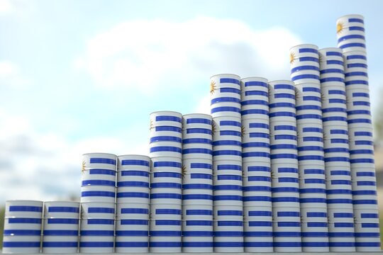 Stacks Of Steel Drums With Flag Of Uruguay Form Increasing Chart Or Upwards Trend. Petroleum Industry Success Concept, 3D Rendering