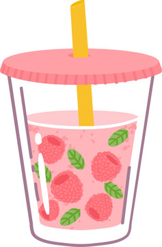 Raspberry juice in glass with straw