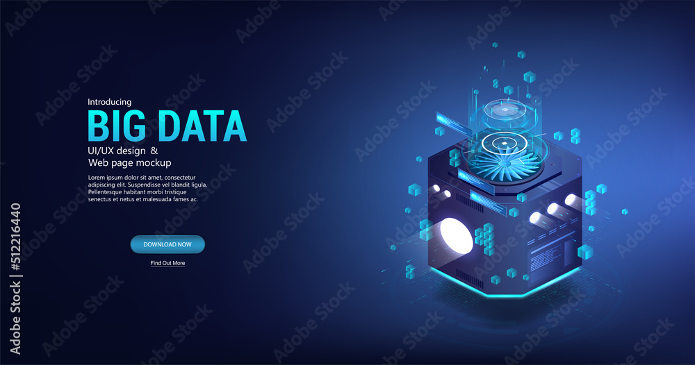 Aufkleber Remote server for processing and storing large amounts of data. 3D blue isometric illustration. Big data streams pass through the server and are sorted. Server computer block, cloud storage. 3D vector