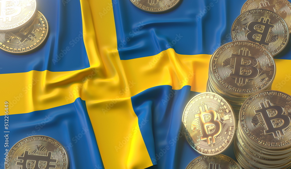Poster flag of sweden and bitcoin coins or tokens, cryptocurrency related 3d rendering